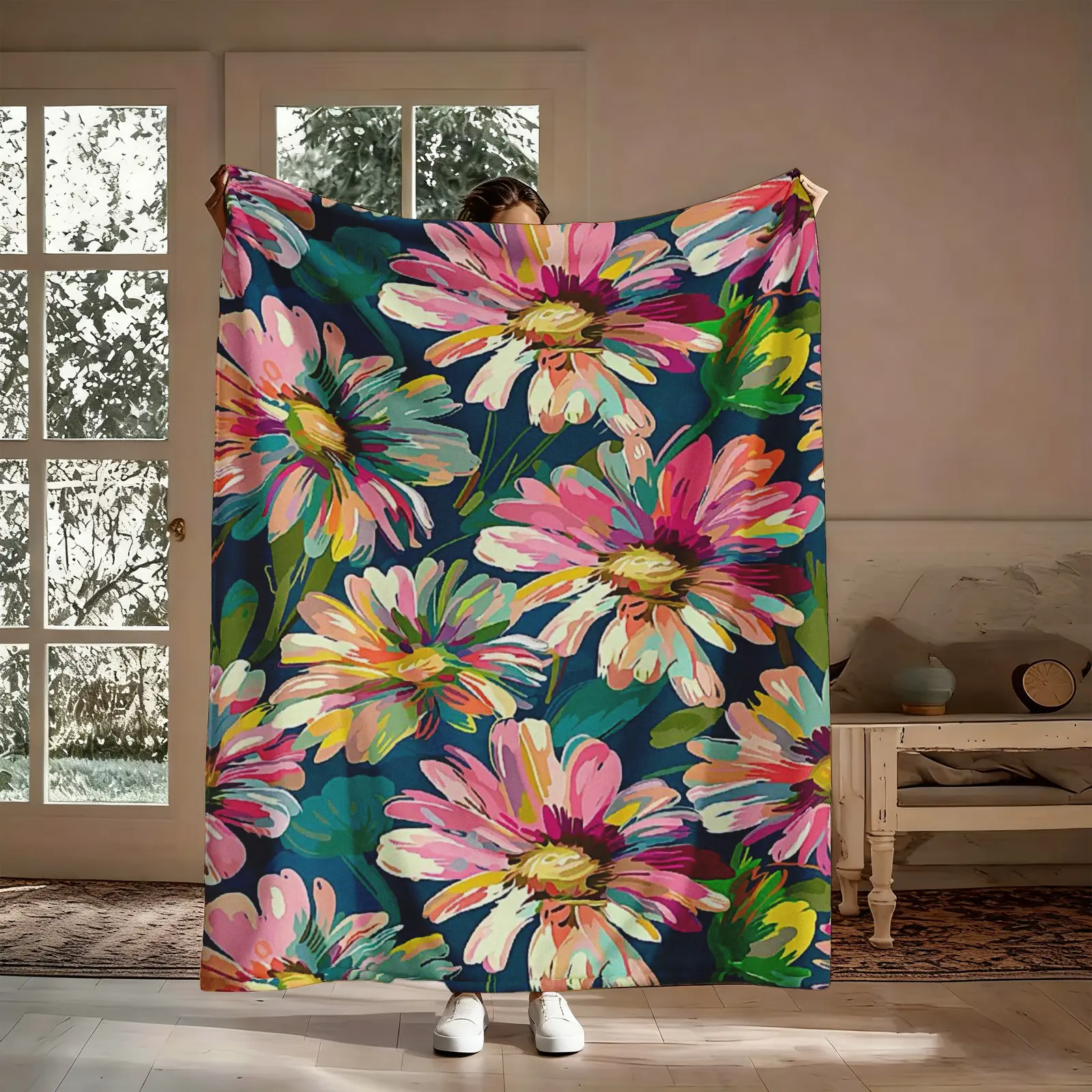 Impressionist Floral Flannel Blanket - 1-Count Oil Painting Colorful Daisy Soft Throw, Navy Blue Midnight Garden Decor, Cozy Nap Blanket for Home, Artistic Boho Statement Piece, Gift for Her, Colorful Decorative Throws, Flora Throws