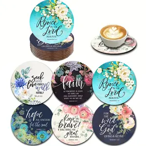 Wooden Coasters Set of 6 with Bible Verses and Floral Patterns, Perfect Gift for Parents and Friends, Home and Travel Decor, Decorative Coaster