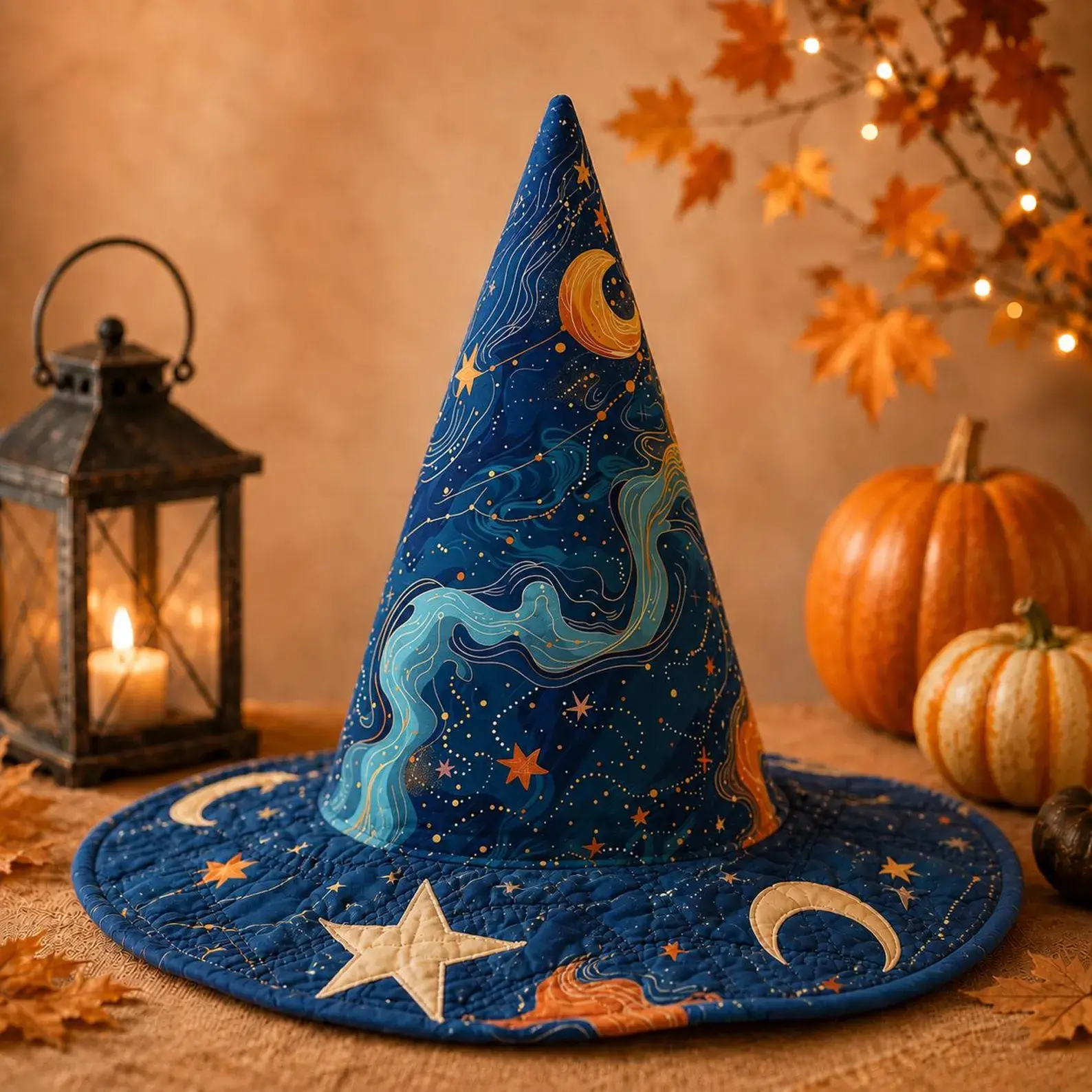 Quilted Celestial Witch Hat, Blue Galaxy Wizard Hat, Moon and Stars Halloween Costume, Mystical Cosmic Cosplay Accessory