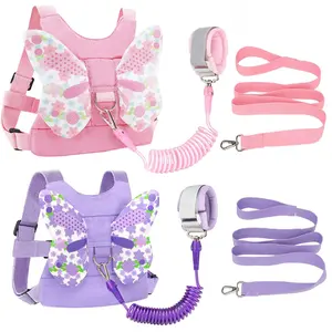 XY-CPB10 Toddler Harness Leash + Anti Lost Wrist Link, 2 Pack Cute Kids Butterfly Harness Leashes, Adorable Baby Leash Walking Assistant Wristband Strap Tether for Girls Outdoor (Pink + Purple)