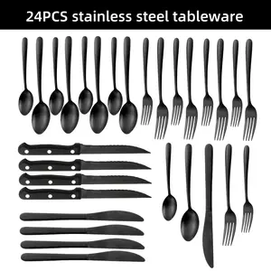 24 pcs Black Silverware Stainless Steel Cutlery Set with Steak Knives, Suitable for 1/4 People,Food Grade Tableware Cutlery Set Rust-proof, Mirror Polished, Dishwasher Safe
