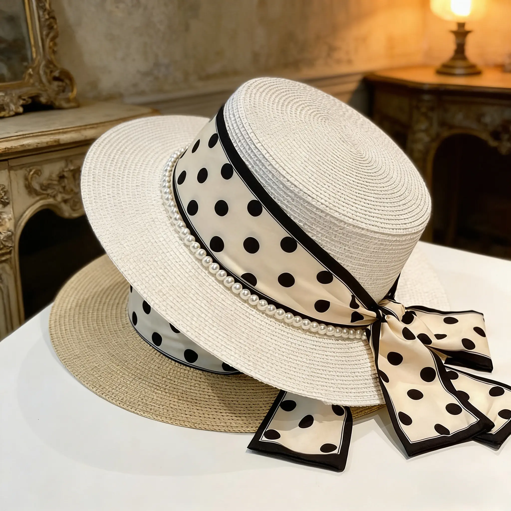 Minimalist Polka-Dot Hat for Women - Summer Sun Protection, Vacation & Beach Hat, French-Style Flat-Top White Boater Hat for Travel