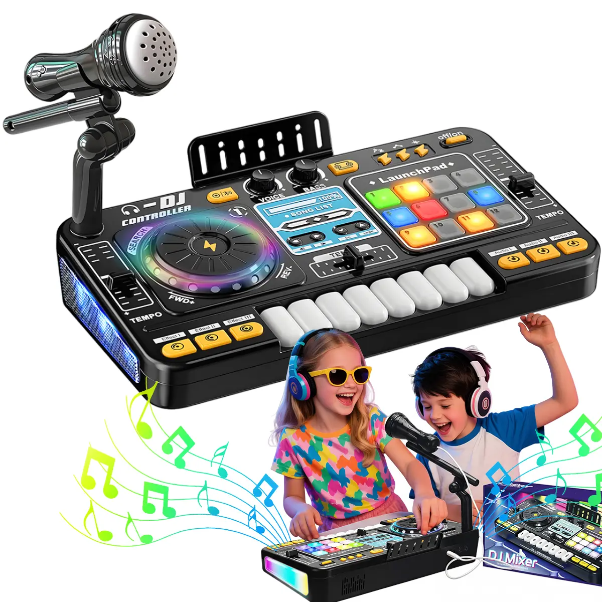 【Child Musician】Children's Karaoke Mixer Station with Microphone Colorful Lights Sounds Piano Keys for Boys Girls Ages 3-12 Gift for Birthday Christmas