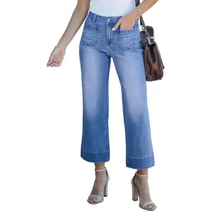 Wide Leg Jeans for Women Trendy High Waisted Flare Jeans Cropped Denim Pants with Patch Pockets Flared Womenswear  Basic Cream White Bottom Trouser