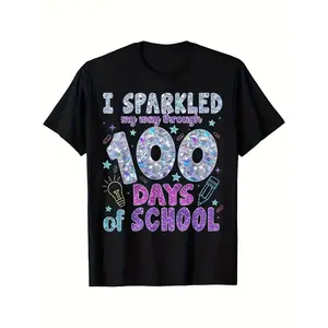 100 Days I Shine at School Children's Sequin Pattern T-Shirt - Black Short Sleeve Round Neck Top - Breathable Comfortable Fun Design, Perfect for Campus Celebration - Ideal Gift for Boys and Girls
