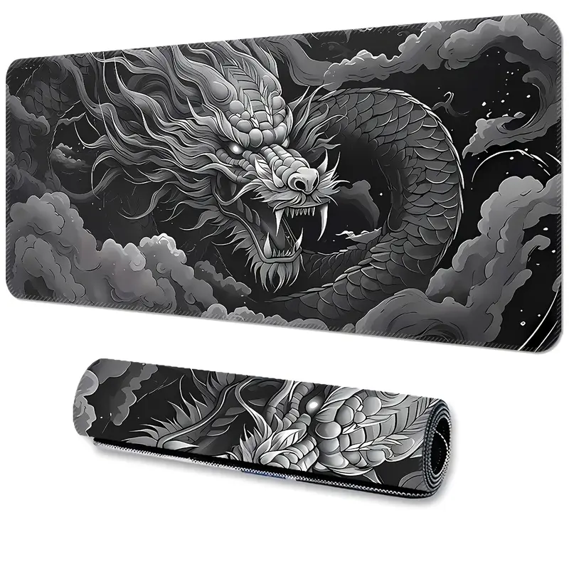 Extra-Large Dragon Gaming Mouse Pad - Monochrome Design with White & Black Artwork, Washable & Durable Rubber Base, Precision Stitched Edges - Ideal