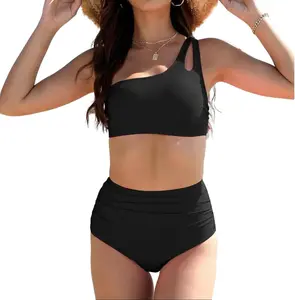 2026 Summer New Arrival: Women's Two-Piece Bikini Swimsuit. This swimsuit features a unique one-shoulder top design paired with high-waisted, tummy-control bottoms; its flattering cut perfectly accentuates your alluring curves.