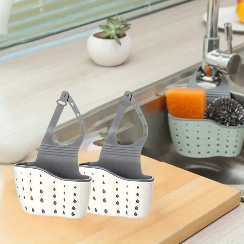 2 Pack Kitchen Sink Caddy Sponge Holder Silicone Plastic Soap Holder Hanging Ajustable Strap Faucet Caddy with Drain Holes for Drying