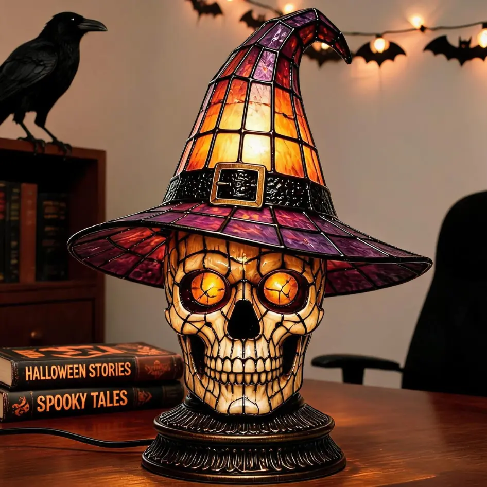 Halloween Stained Glass Witch Hat Skull Table Lamp - Spooky LED Skull Light with Purple Orange Mosaic Design Desk Nightlight Gothic Home Decor Indoor Party Bedroom Living Room Accent Lighting Holiday Gift