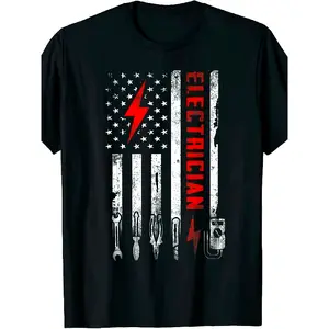 Men's Electrician Gift American Flag T-Shirt - Comfortable Tee with Electrician Tools & Wiring Diagrams Suitable for Training, & Everyday Outfits - Retro Streetwear (Sizes M-3XL)