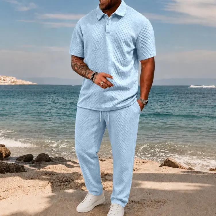 Trending Men’s Polo & Long Pants Set, Jacquard Texture Summer Outfit, Lightweight Breathable Sport Set, Streetwear Matching Set
