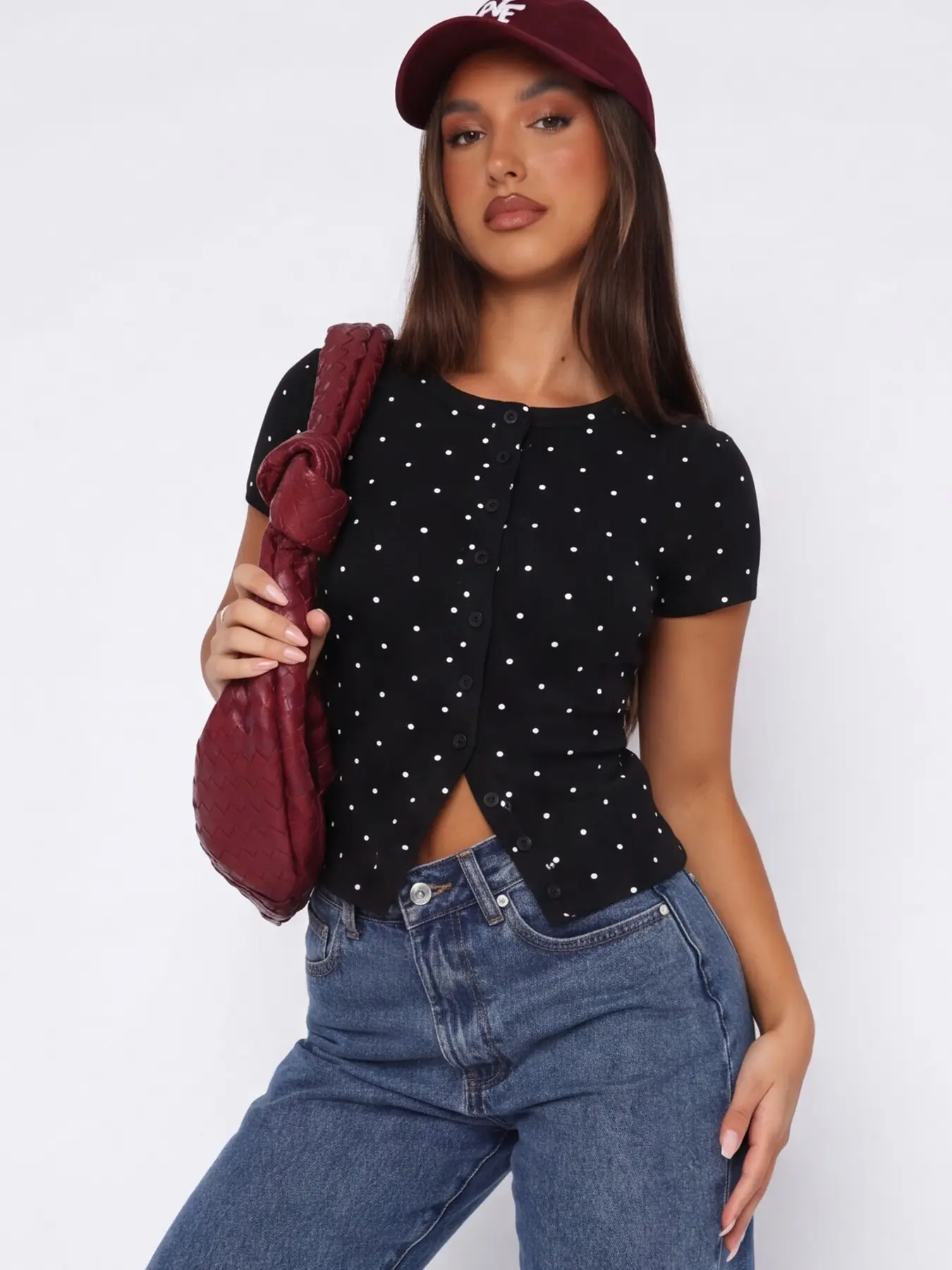 Women's Fashion Y2K Tight-Fit T-Shirt, High Elasticity Ribbed Full Button Front Design, Comfortable Versatile Casual Polka Dot Print Short Sleeve Top, Trendy Womenswear