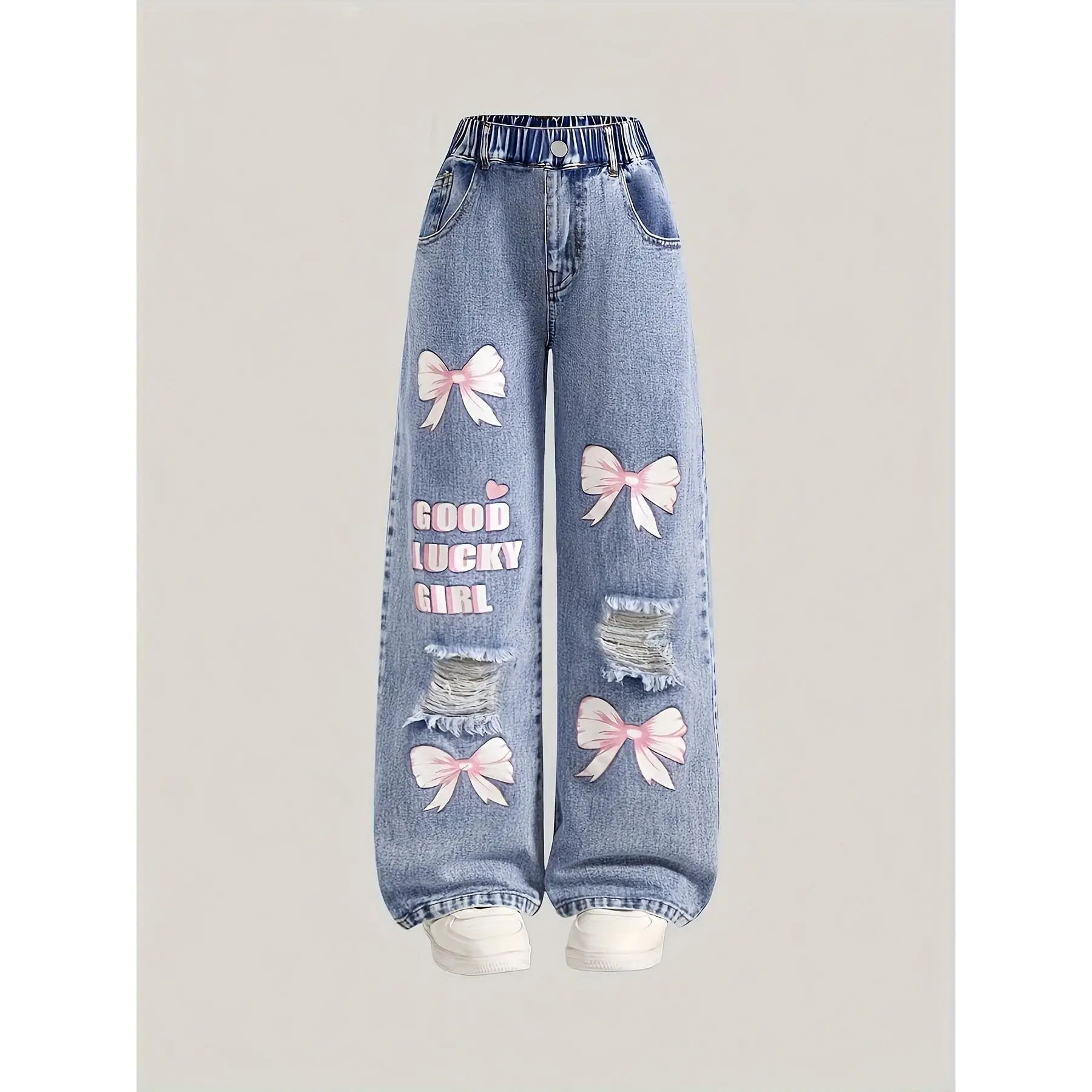 Children's Girls' Cute Bowknot Decorated Jeans, Loose Straight Washed Ripped Style, Soft and Skin-friendly, Not Tight, Suitable for Spring, Autumn, and Winter Outings, Trendy and Sweet at the Same Time|Balancing Comfort and Trendiness|5-15 Year Old Girl C