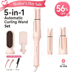 5-in-1 Curling Stick Set, Mother‘s Day Gift! One Touch Curler Automatic Hair, Mermaid Wave & Loose Wave, Safe Anti-Scald, Beach Wave for Woman Adjustable Smooth