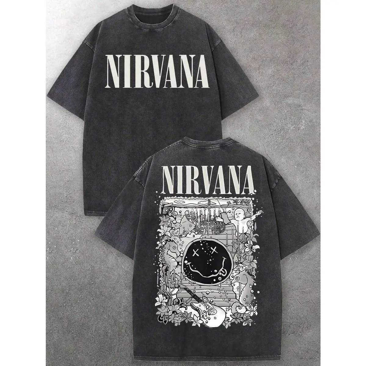 Men's Nirvanas  Face & Decorative Graphic Crew Neck Short Sleeve T-Shirt|   Soft Washed Fabric|   Grunge Rock Casual Outfits|   Mens Graphic Tee Street Fashion
