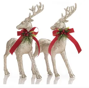 Christmas Reindeer Figurine Decorations 2 Pcs, 12.6” Holiday Standing Deer Statues with Red Bow, Glitter Gold Christmas Elk Ornaments for Dinner Tabletop Centerpiece Home Decor, Champange Gold