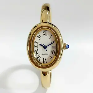 Dainty Gold Cuff Watch - Elegant Oval Dial Quartz Watch For Women Waterproof - Retro Style Fashion Bracelet Wristwatch Birthday Gift For Her