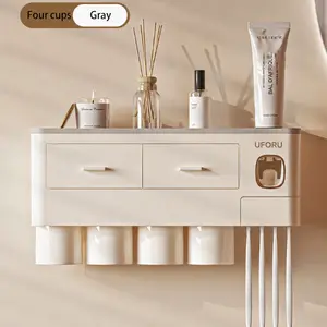 UFORU 2-4 Cup Capacity Bathroom Toothbrush Holder - Wall-Mounted with Toothpaste Dispenser - Cosmetic Drawers, Large Capacity Trays & Bathroom Accessory Bottle Home Storage Organizer, Great Home Essentials, Perfect Gift Idea #SummerVibes