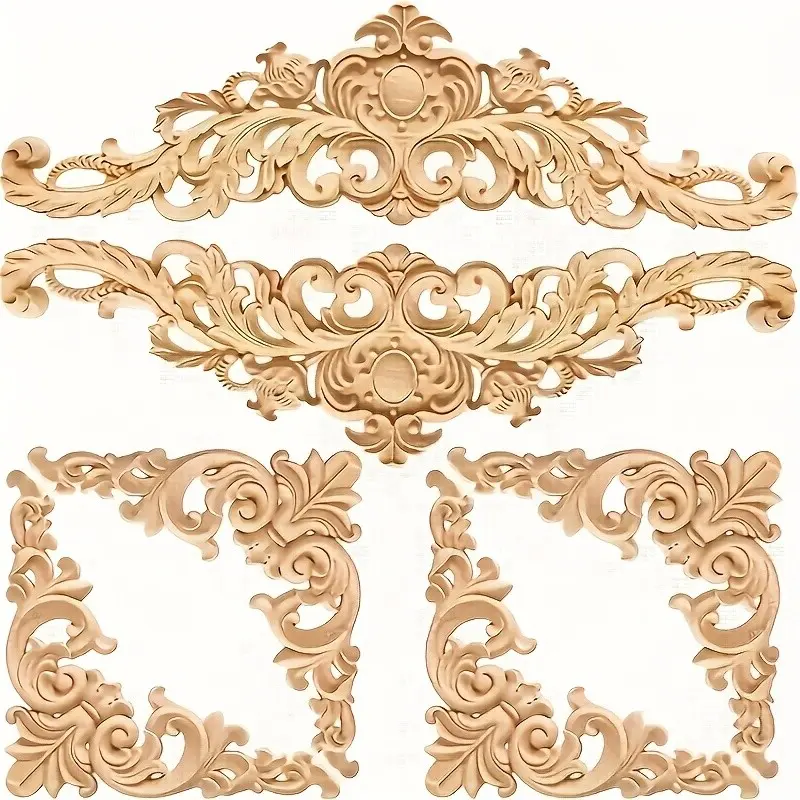 6-Piece Handcrafted Wooden Wall Decals, Unpainted Recycled Wood Carved Corner Stickers, DIY Home Decor, Furniture Accents, Office Wall Art, European Style, Wood Design, Handmade Crafts
