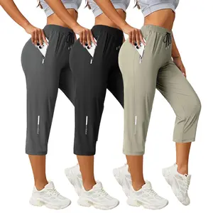3-Pack Women’s Ice Silk Quick-Dry Mid-Length Athletic Pants — High-Waisted Butt-Lifting Stretch Fabric, Zipper Anti-Theft Phone Pocket; Suitable for Running, Fitness, Yoga, Outdoor Activities, Casual Wear, and Everyday Use,summervibes