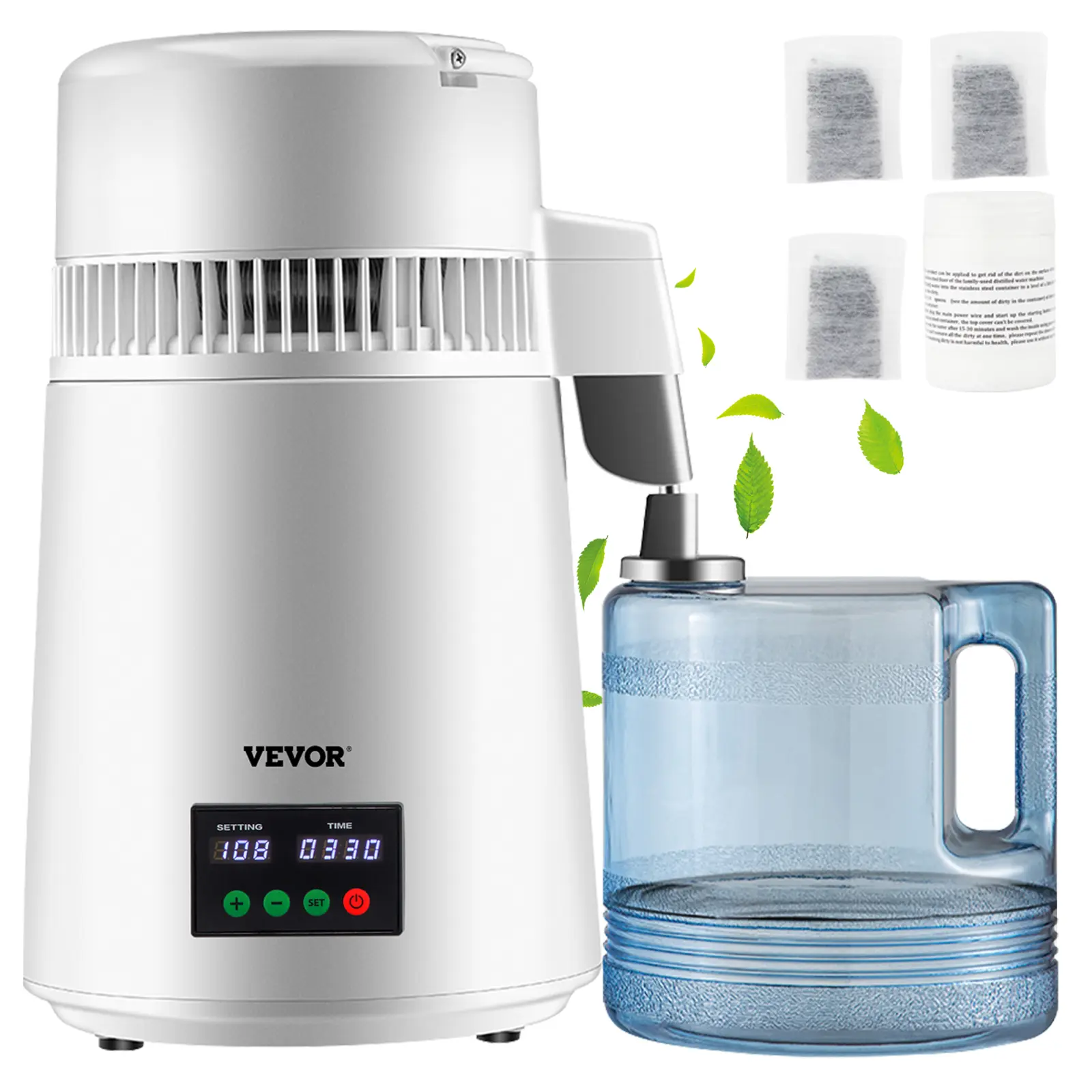 【summerfinds】VEVOR Countertop Water Filter Distiller (1.1 Gal, 750W) - 0.3 Gal/H Distilling Rate, 0-99H Timing Control, 30℃-108℃ Temp Display, 304 Stainless Steel Body, Plastic Carafe, 3 Activated Carbon Packs, Cleaning Powder, White - Father's Day Gift