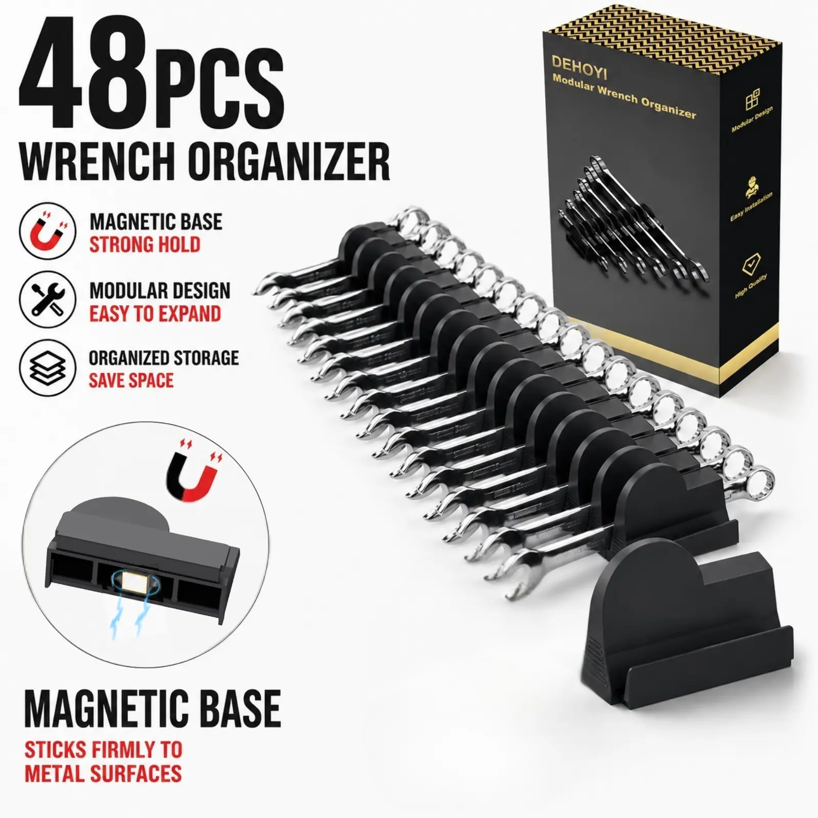 48 pcs Magnetic Wrench Organizers for Tool Drawers, Customizable Wrench Organizer Set for Toolbox, Wrench Rack with Metric&SAE Labels, Gift for father, brother and boyfriend Mechanic Tool Storage