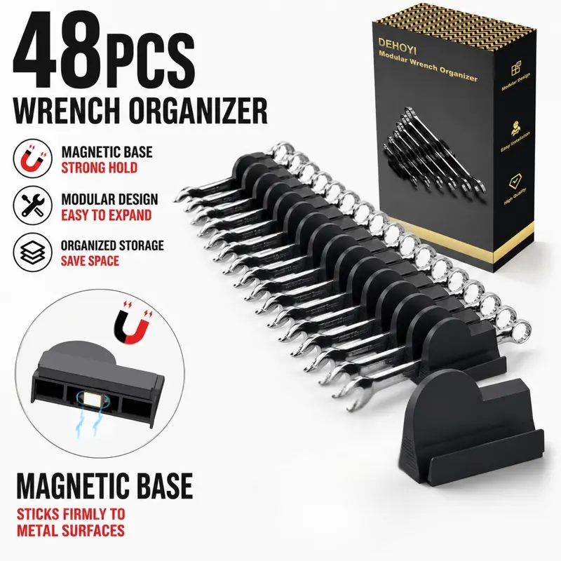 【Magnetic Base】48 pcs Magnetic Wrench Organizers for Tool Drawers, Customizable Wrench Organizer Set for Toolbox, Wrench Rack with Metric&SAE Labels, Gift for father, brother and boyfriend Mechanic Tool Storage
