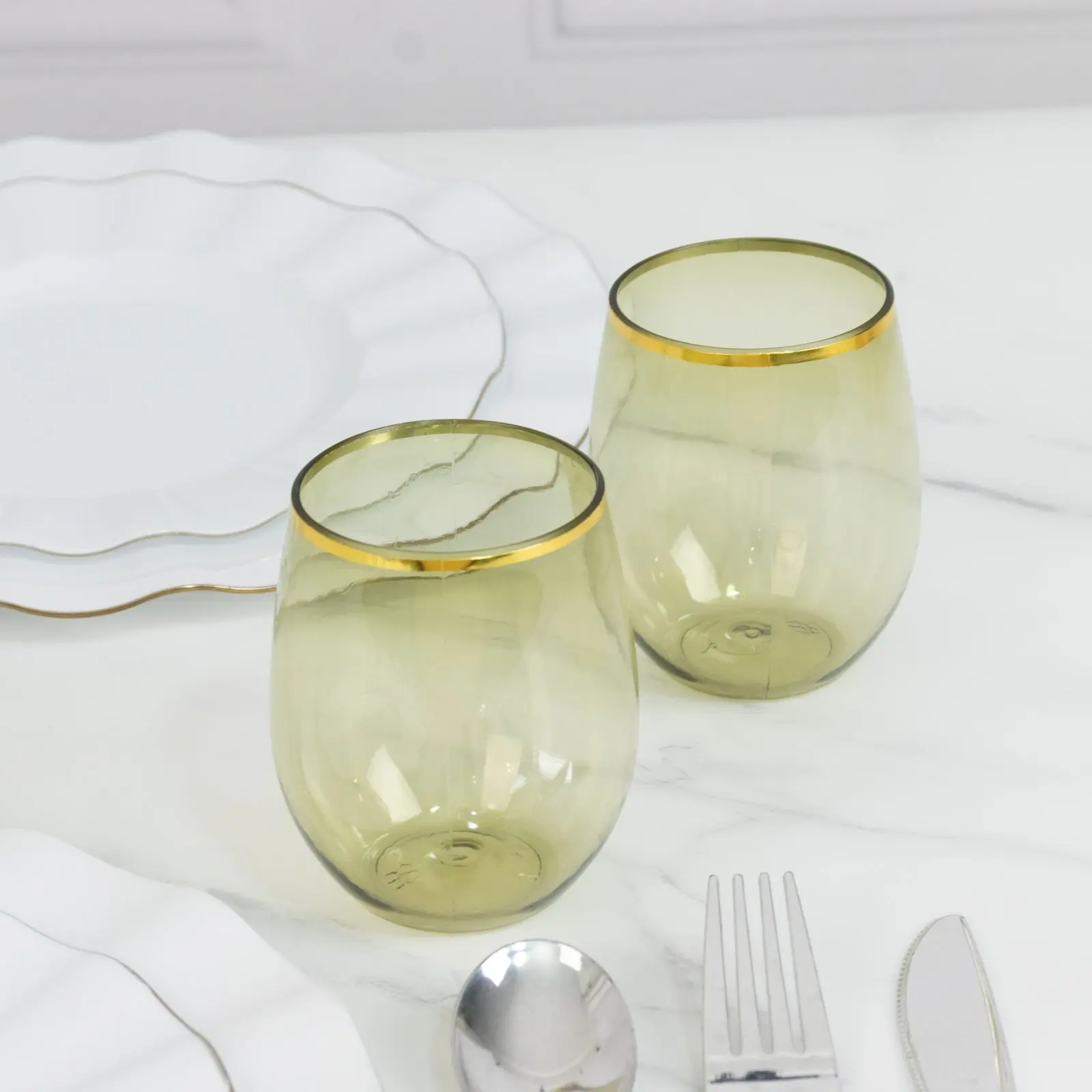12-Pack 12oz Transparent Dusty Sage Green Plastic Wine Tumblers with Gold Rim - Reusable Stylish Kitchen Drinkware, Stylish Drinkware, Stemless Wine Glass