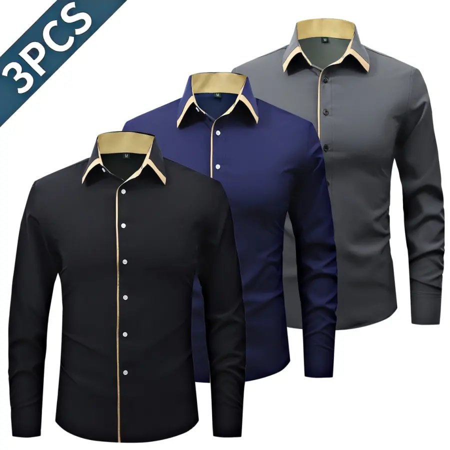 Three men’s long-sleeve shirts with contrast piping—a pure black base color that exudes a stable, sophisticated presence. Featuring a classic pointed collar for a sharp, well-structured look, gold piping adds refined details. The long-sleeve fit is suitab