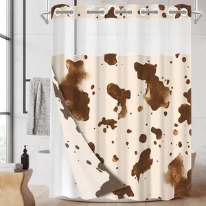 1pc hookless shower curtain with buckle lining, brown and white splatter ink wash pattern design, 2D flat printing, waterproof fabric lining, see-through double-layer shower curtain, 71 x 74 inches, modern home draping curtain.