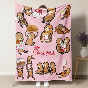 Chick-fil-A with Cute Monkey Collage Plush Blanket, Pink Background & Fast Food Snack Monkey Character Print Soft Fleece Throw, Perfect for Fast Food Lovers, Monkey Meme Fans & Cozy Kawaii Home Decor