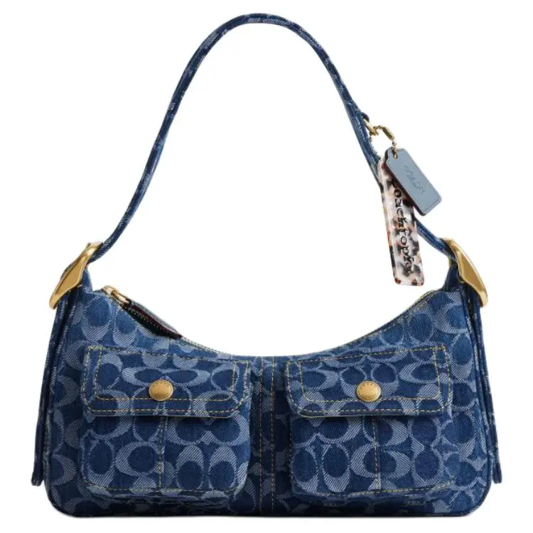 Women's Coachtopia Large Vintage Eco-Friendly Recycled Cloth Denim Texture Shoulder Tote Bag with Gold Hardware, Multiple Pockets