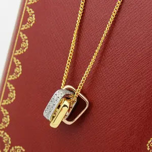 Chic Interlocking Ring Necklace, Paved Accent Inlay, Timeless Everyday Jewelry