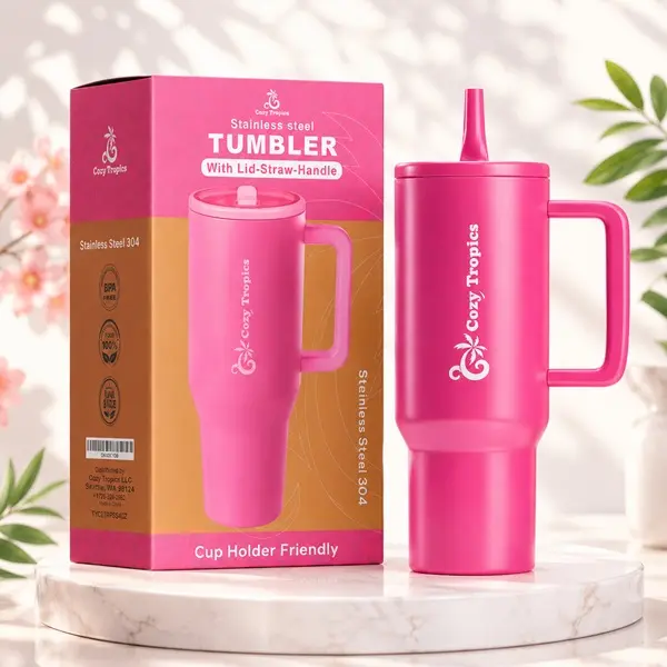 COZY TROPICS 40oz Insulated Stainless Steel Travel Flask with Handle, Straw Lid, Leak-Proof Design, Cup Holder-Friendly Reusable Tumbler for Hot & Cold Drinks, Ideal for Car, Office, Flasks