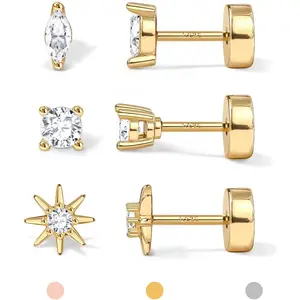 14K Gold Plated Solid 925 Sterling Silver Post Flat Back Earrings Stud |     Cartilage Helix Conch Tragus Piercing Jewelry 3 Pairs Tiny Screw Dainty CZ Opal Earring Set Men Women