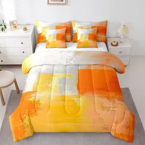 Feelyou 7-Piece Breathable Microfiber Decorative Soft Bedding Set, Oil Painting Ombre Gradient Comforter Bed-in-a-Bag with Flat Sheet, Fitted Sheet and Abstract Graffiti Design (White, Gray, Orange), Breathable Duvet Set, Decorative Bedding Set