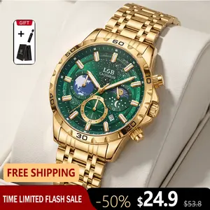 LAOSIBIN Luxury Gold Green Men's Watch, Starry Sky Earth Face Chronograph, Stainless Steel Waterproof Luminous Quartz Analog, Premium Business CEO Wristwatch Summer Trend