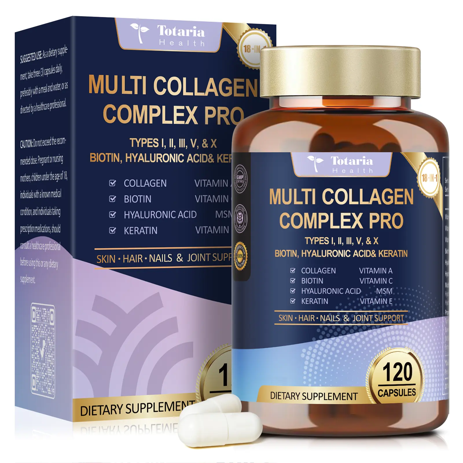 Totaria 18-in-1 Collagen Pro Dietary Supplement Capsules - Hyaluronic Acid, Keratin, Biotin, Vitamins A,C,E, Multi Collagen Peptides (Types I,III,V,X) for Skin Care, Selfcare,Hair Skin Nail Support - 120 Caps for Men & Women #weeklydeals