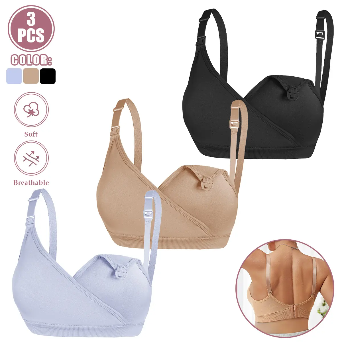 Women's 3-Pack Wireless Maternity Bra Set - Bust-Friendly Adjustable, Comfortable Breathable Polyamide Blend, Drop-Down Cups for Breastfeeding, Postpartum Support Breathable Everyday Bras, Set Of Three