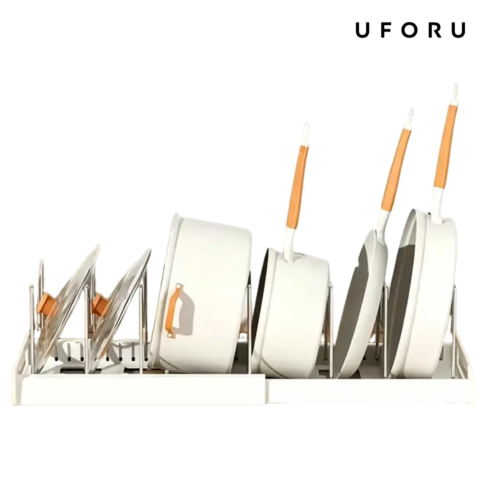 UFORU Stainless Steel Expandable Cookware Storage Rack - Adjustable Metal Divider Slots, Pull-Out Plastic-Lined Cabinet Organizer, Multifunctional Baking Sheet Stand, Kitchen Accessory with Wooden Handles (Gift Option) SummerWins