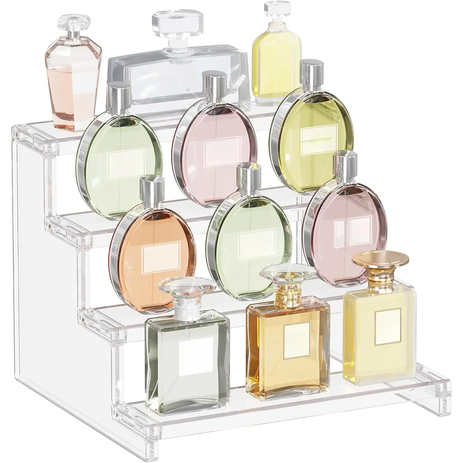 Perfume Stand Organizer for Women, Plastic Display Riser, Tool-Free Assembly, Fragrance Makeup Cosmetics Shelf for Vanity Bedroom Bathroom Storage Organization, Clear, 9 Inch, 1 Pcs