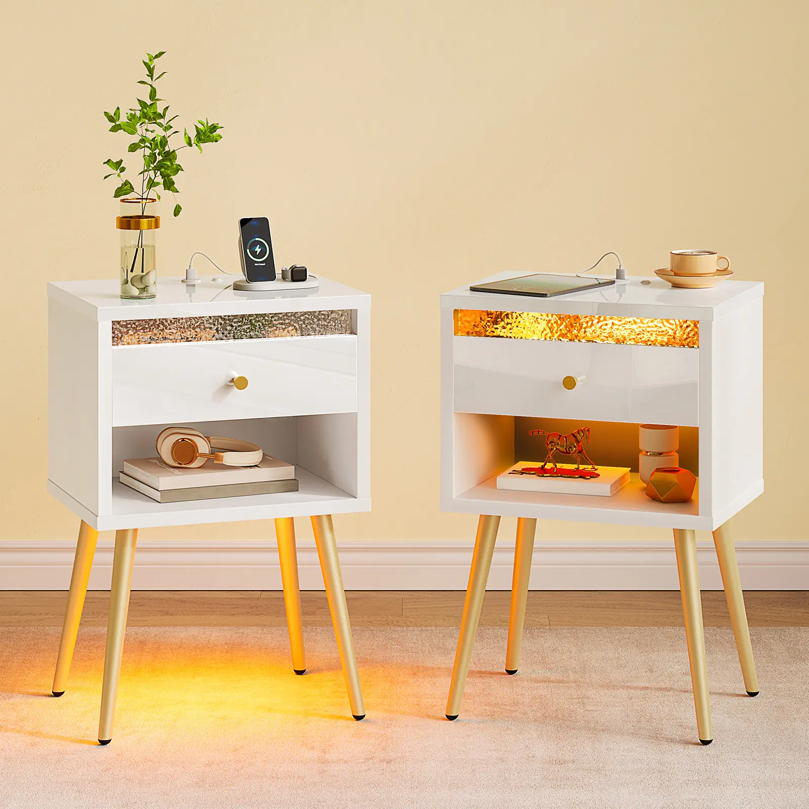 Pinmoco 2-Piece Modern Gloss DIY LED Nightstands with Drawer, Charging Ports, Metal Ft, Charging Station, Open Storage, Durable P2-Grade Particle Board Bedroom Bedside Cabinet Set with Assembly Guide, Diy Led Light, Two Piece Set