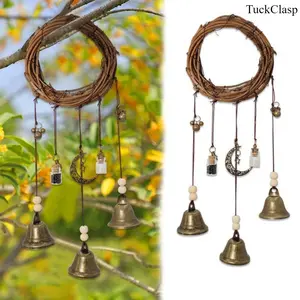 Witch Protection Bells Door Decor, Black and White Jar Charm with Rustic Wreath Design, Spiritual Home Blessing Ornament for Door Knobs, Wiccan Style Decorative Hanging for Spring and Everyday Home Decor