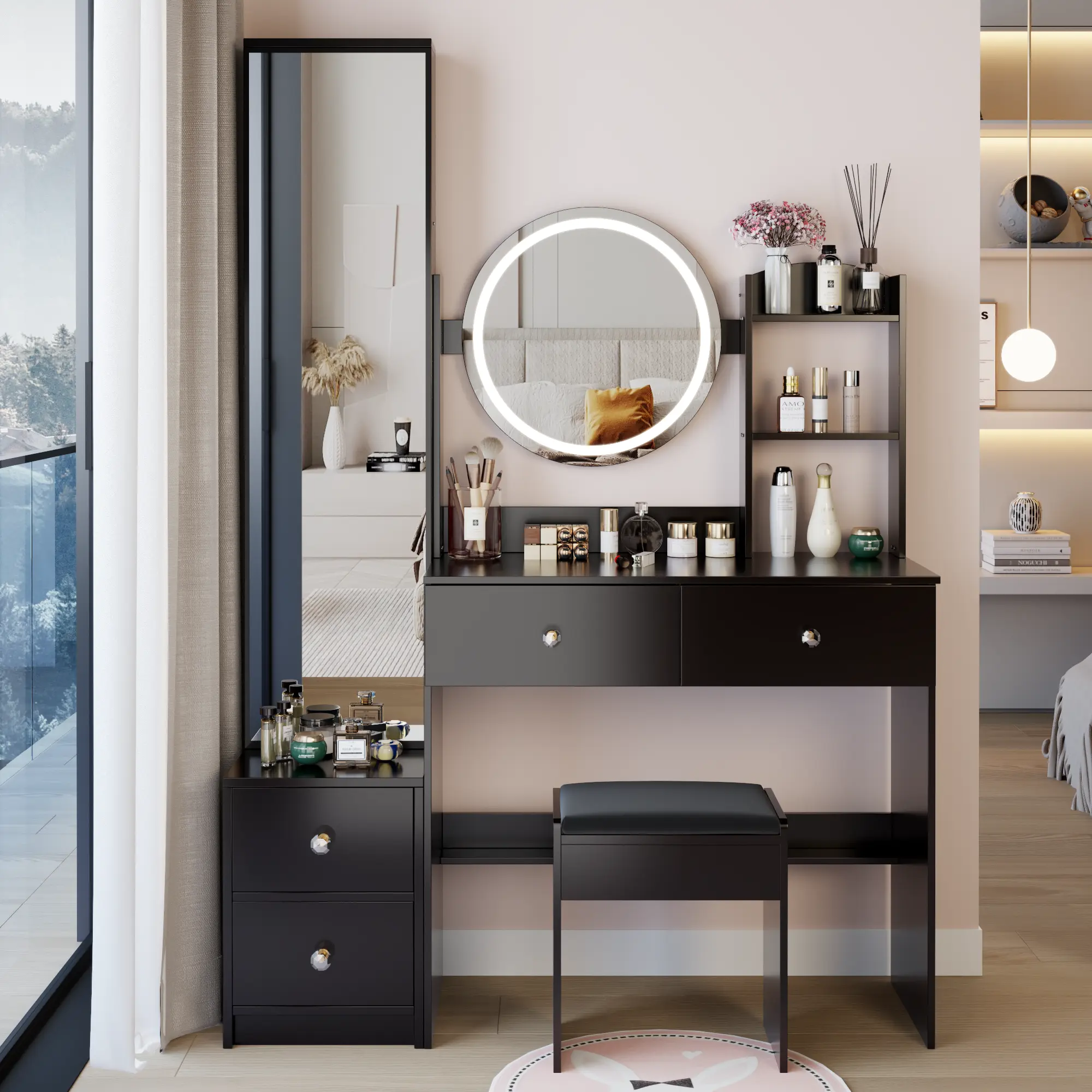 Vanity Mirror with Lights & Stool, Full Body Mirror Cabinet Set, 17" LED Makeup Mirror Touch Control, 3 Colors & Brightness, Large Storage Dressing Table for Bedroom/Bathroom