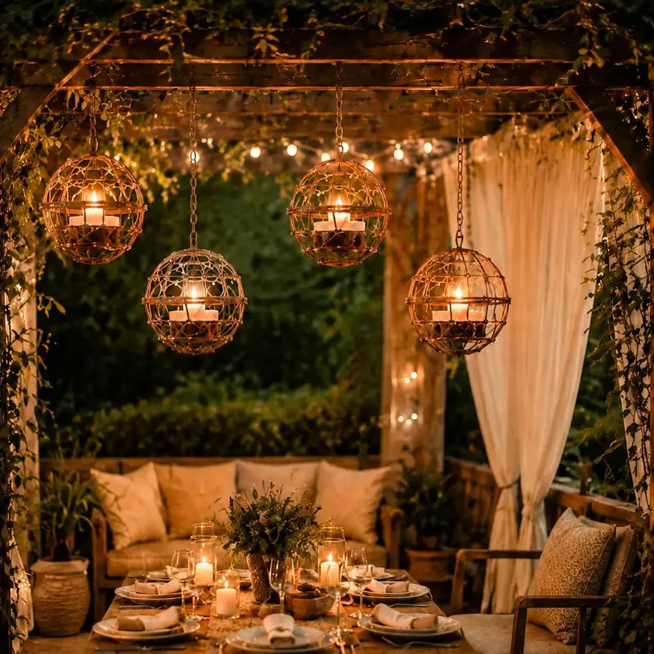 4-Pack Rustic Weave Solar Powered Hanging Globe Candle Lanterns, Metal Wire Orb Lights with LED Candles & Chains, Waterproof Outdoor Decor for Patio (Home Improvement Garden Supplies)