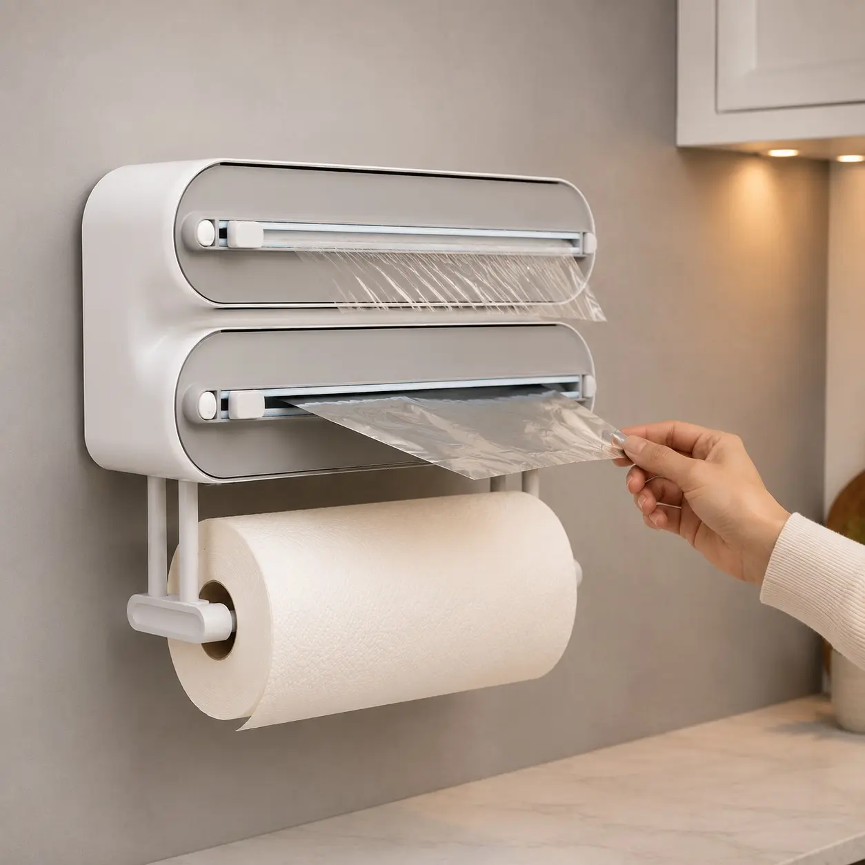 3-in-1 Aluminum Foil & Plastic Wrap Dispenser with Cutter, Magnetic Paper Towel Holder for Refrigerator, Wall Mount Kitchen Wrap Organizer, Includes 1 Roll of Cling Film