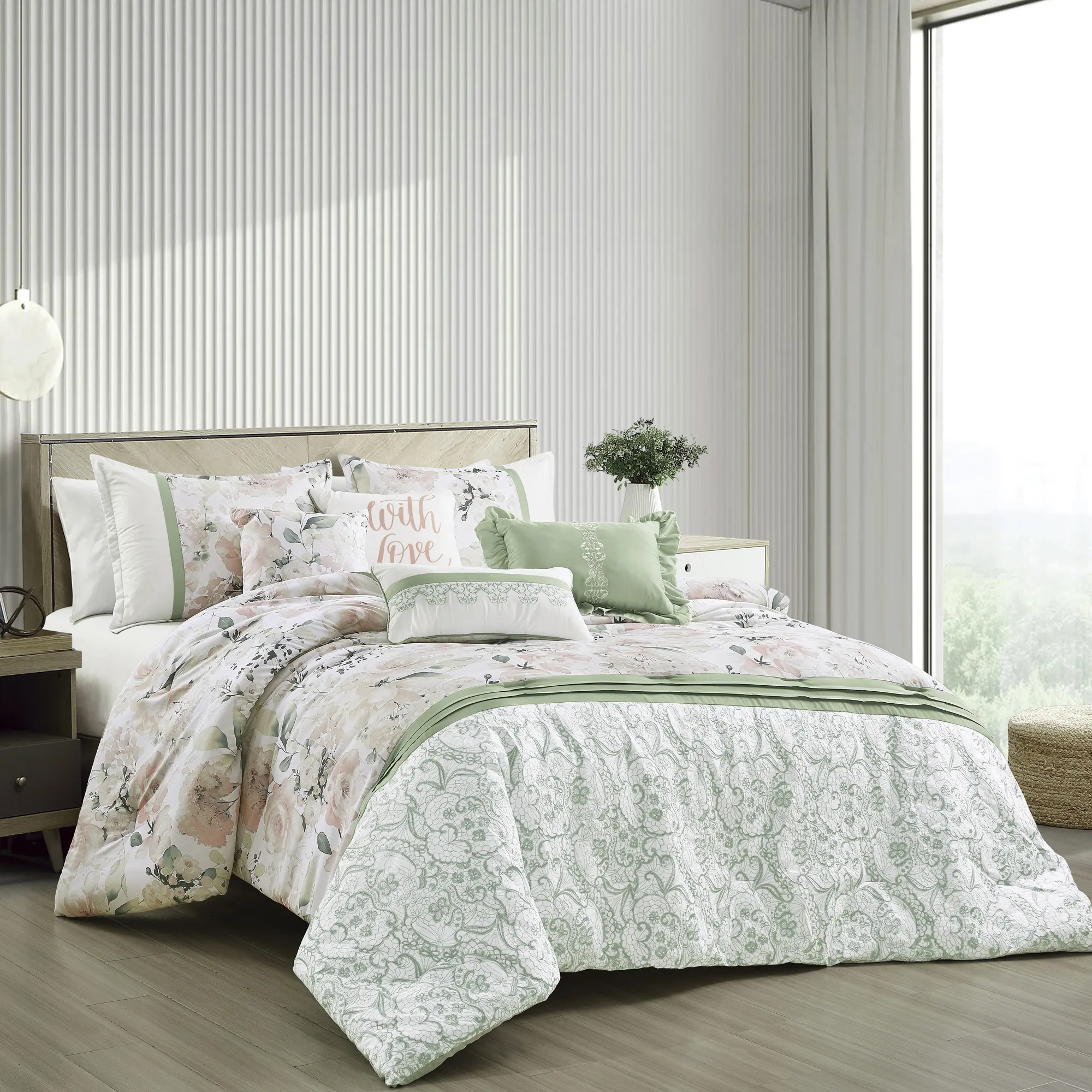 Luxury 7-Piece Comforter Set - Exquisite Embroidery and Printed Floral Patterns, Soft Microfiber, Breathable, Easy to Care for, Includes Queen & King & Cal-King Sizes