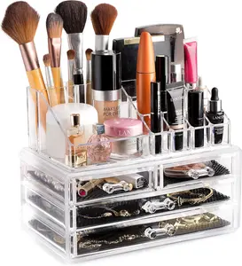 Classic Clear Makeup Organizer 16-Compartment Cosmetic & Jewelry Holder 4-Drawer Vanity Storage Elegant Design for Makeup Accessories Boxes