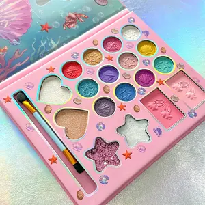 Cute Cartoon Mermaid Pattern 18 Color Pearl Matte Glam Pack Glitter Highlighter Blush Eyeshadow Palette, Shell Starfish Design, Shimmery Makeup Set