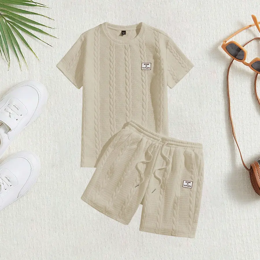 Men’s fashion casual set with jacquard design, drawstring waist, basic regular fit, suitable for everyday wear, American-style casual and versatile.